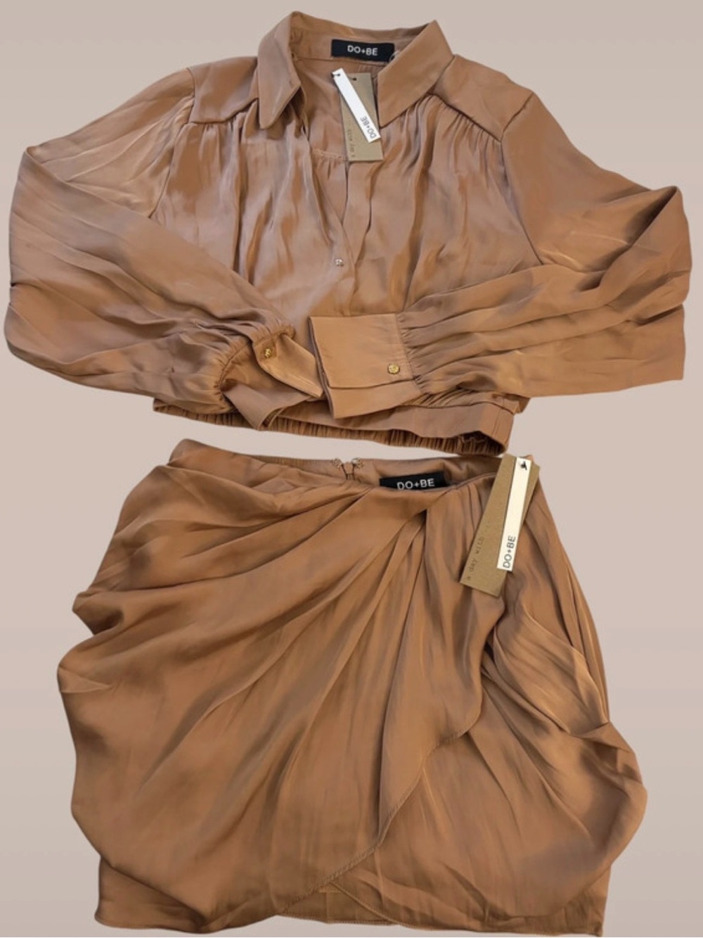 DO+BE Camel Draped Satin A-Line Skirt